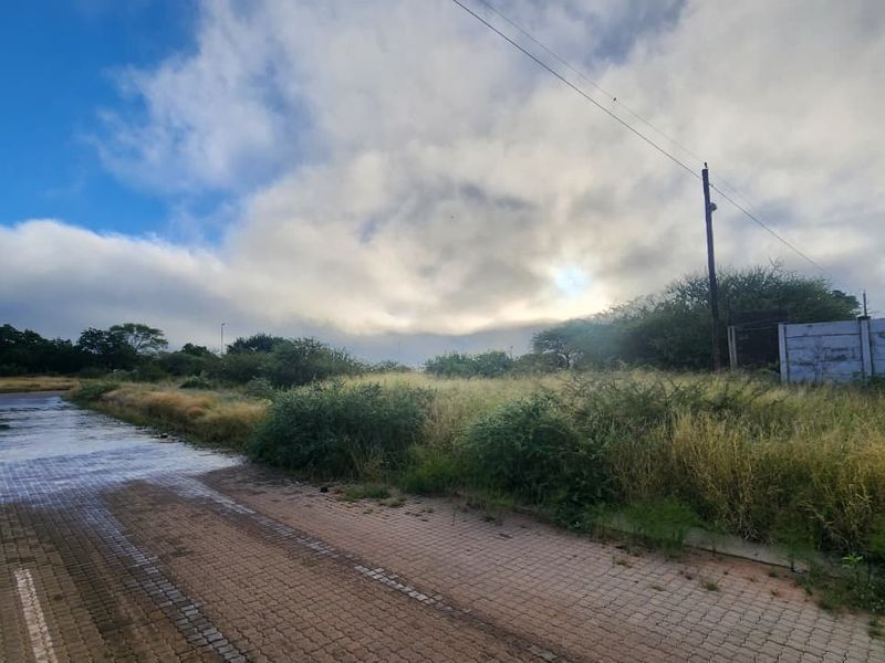 A vacant commercial land plot featuring a paved driveway, perimeter walling, and utility access, currently showing signs of overgrown vegetation and surface water.