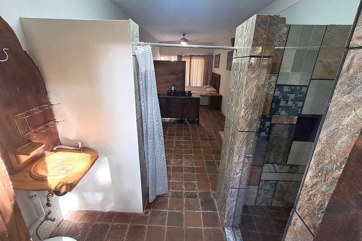 Open-plan bathroom area featuring a vessel sink, tiled shower enclosure, and terracotta flooring, integrated into the bedroom space.