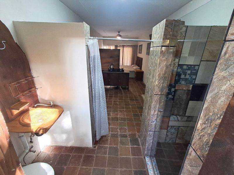 Open-plan bathroom area featuring a vessel sink, tiled shower enclosure, and terracotta flooring, integrated into the bedroom space.