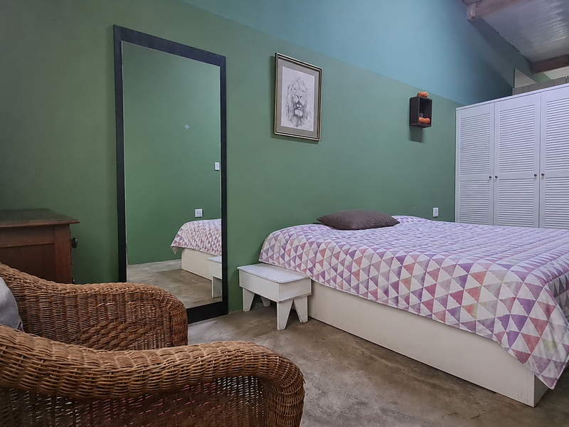 A bedroom featuring green painted walls, built-in white wardrobe cabinetry, and exposed ceiling beams, providing a rustic and functional living space.