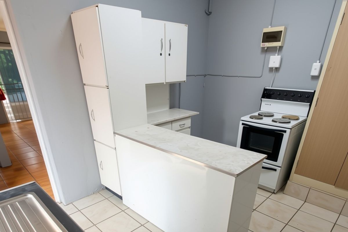 A functional kitchen area featuring white built-in cabinetry, a laminate countertop, and a freestanding stove, finished with ceramic floor tiles.