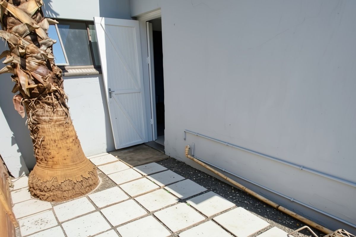 A rear exterior area featuring paved flooring, an external door, and visible surface-mounted conduit piping along the wall.