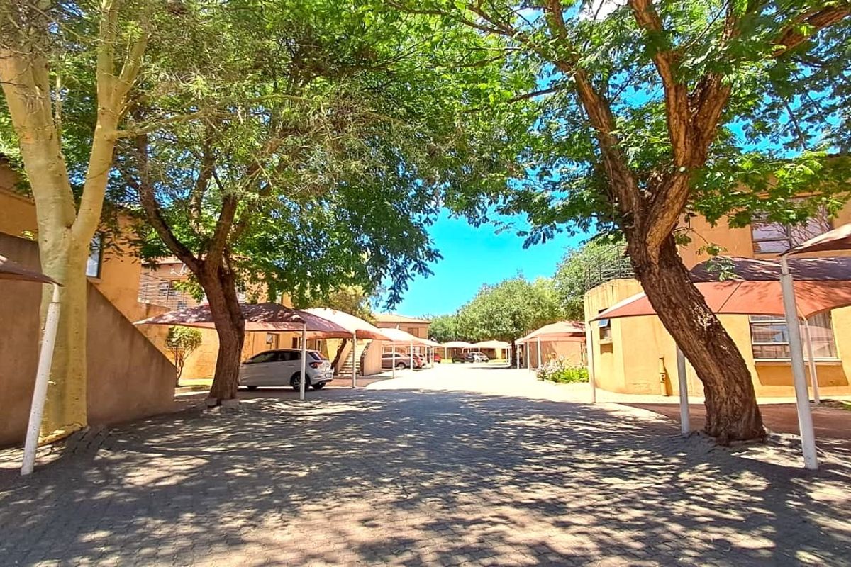 Exterior view of an apartment complex driveway featuring paved surfaces, mature trees, and covered carport parking bays.
