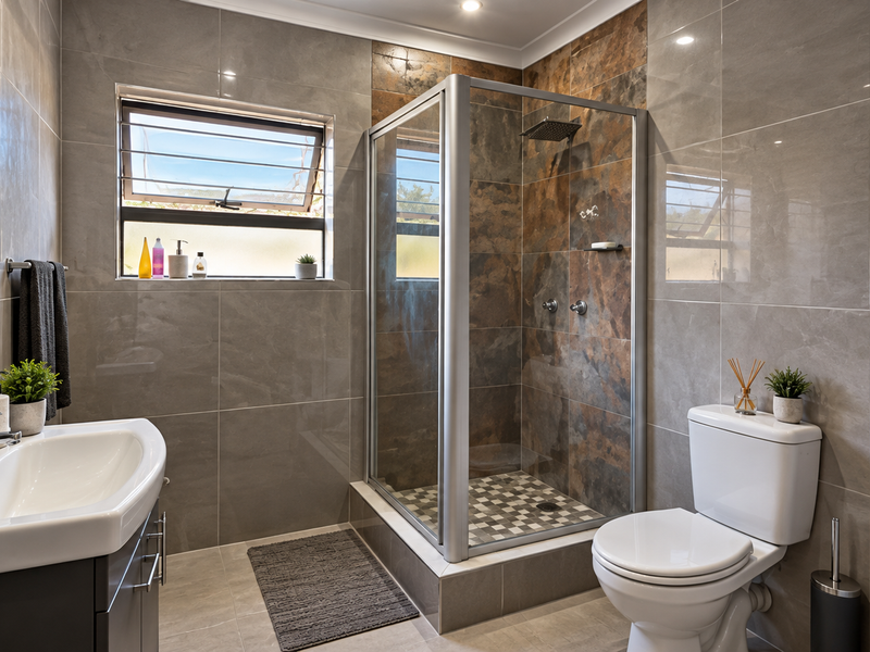 Modern bathroom featuring a glass shower enclosure, vanity cabinet with basin, and contemporary tiled finishes throughout.