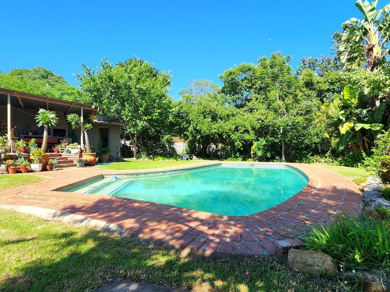 A well-maintained swimming pool with brick coping, set within a lush garden featuring a covered patio area for outdoor relaxation.