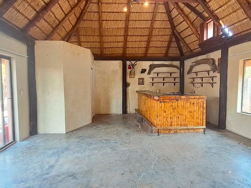 Rustic bar area featuring a thatched roof, exposed timber beams, built-in bar counter, and sliding glass doors leading to the exterior.