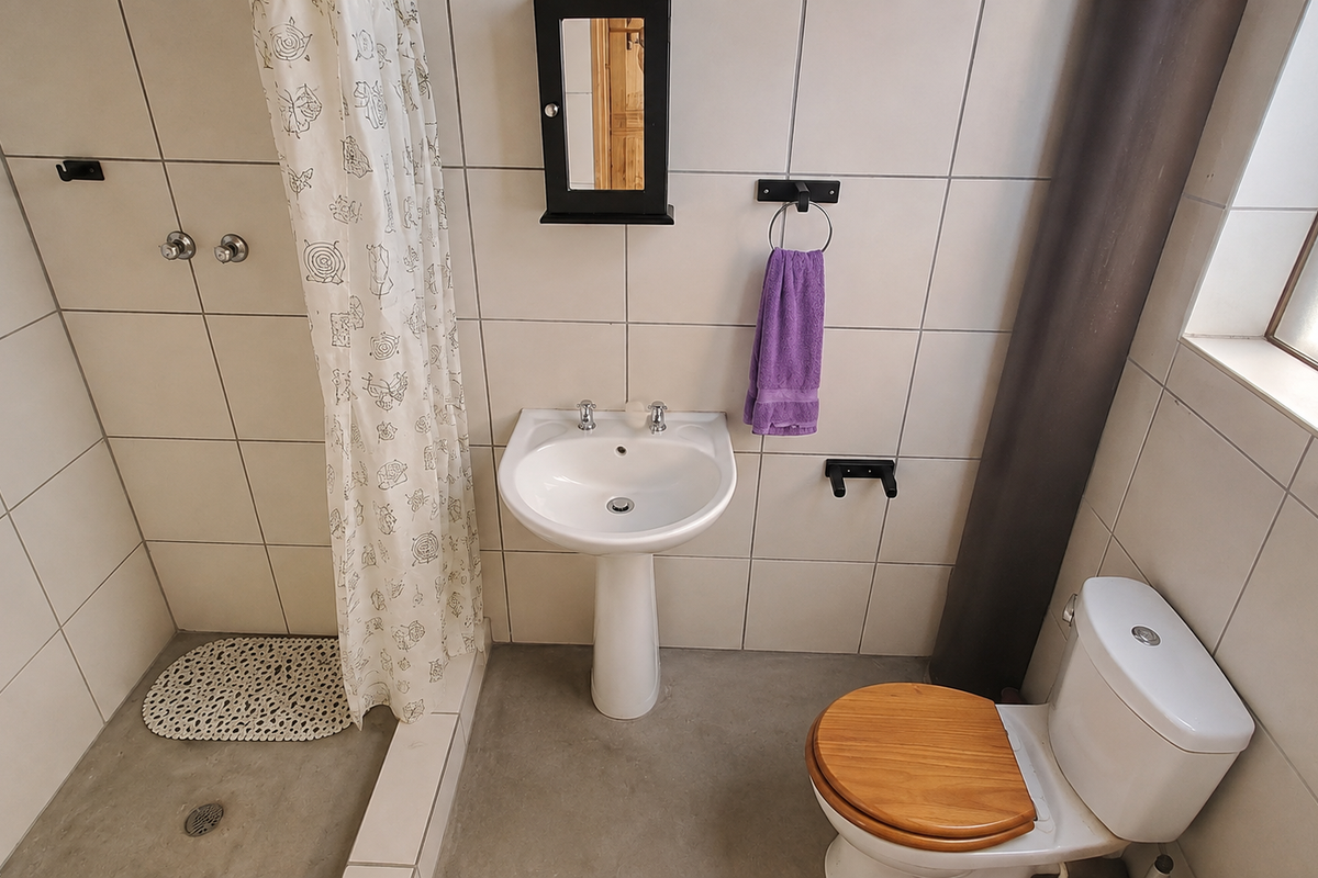 A functional bathroom featuring a pedestal basin, toilet, and a shower area with tiled walls and a concrete floor.