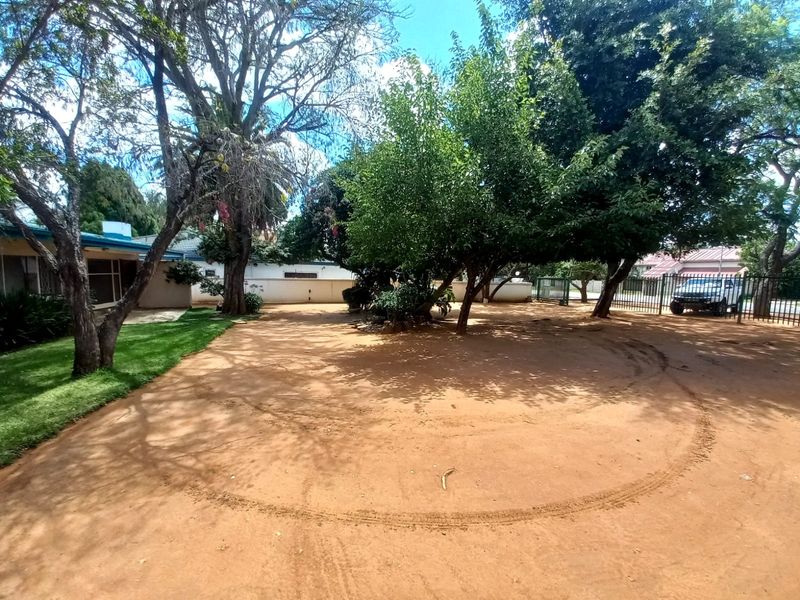 A spacious outdoor area featuring a large unpaved driveway, mature trees, and perimeter fencing, offering potential for landscaping or driveway improvements.