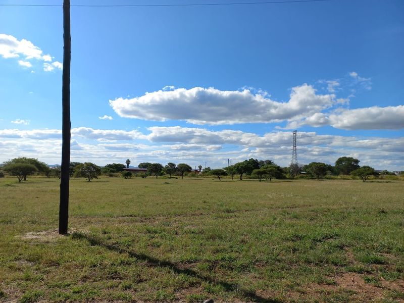 A wide, open plot of vacant residential land featuring natural grass cover and scattered indigenous trees under a clear blue sky.