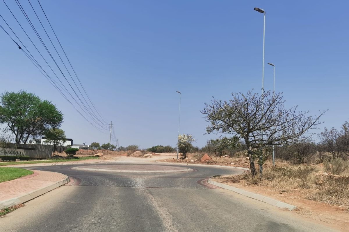 A view of a paved roundabout and street infrastructure within a residential estate, showing surrounding undeveloped land and established street lighting.