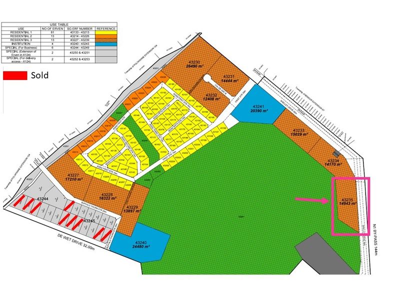 A detailed site layout plan showing the subdivision and erf numbering for the residential development.