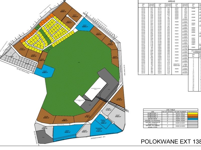A detailed site development plan for Polokwane Ext 138, illustrating the layout of residential erven, street access, and land use zoning.
