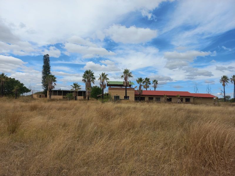 A wide-angle view of a farm property featuring multiple outbuildings with red metal roofing, surrounded by extensive dry grassland and mature palm trees.