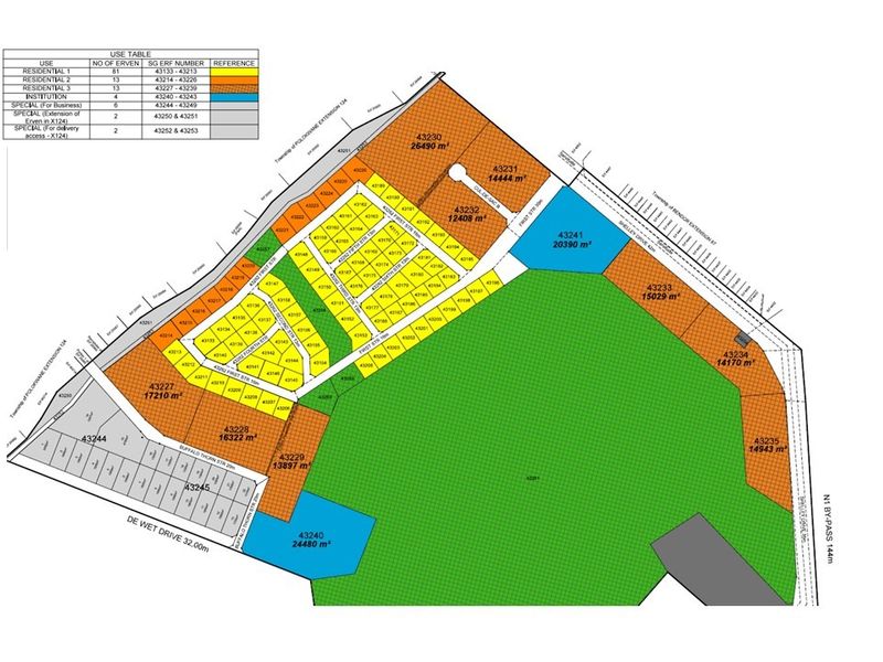 A detailed site layout plan for the residential development, illustrating individual erf boundaries, street access, and land use zoning specifications.