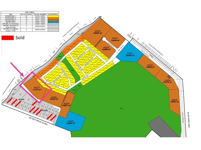 A detailed site layout plan showing multiple residential and special use erven within the development area.