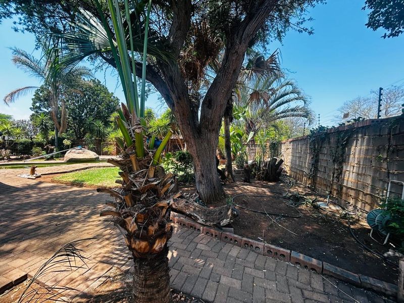 A spacious garden area featuring mature trees, brick paving, and a brick boundary wall with electric fencing.