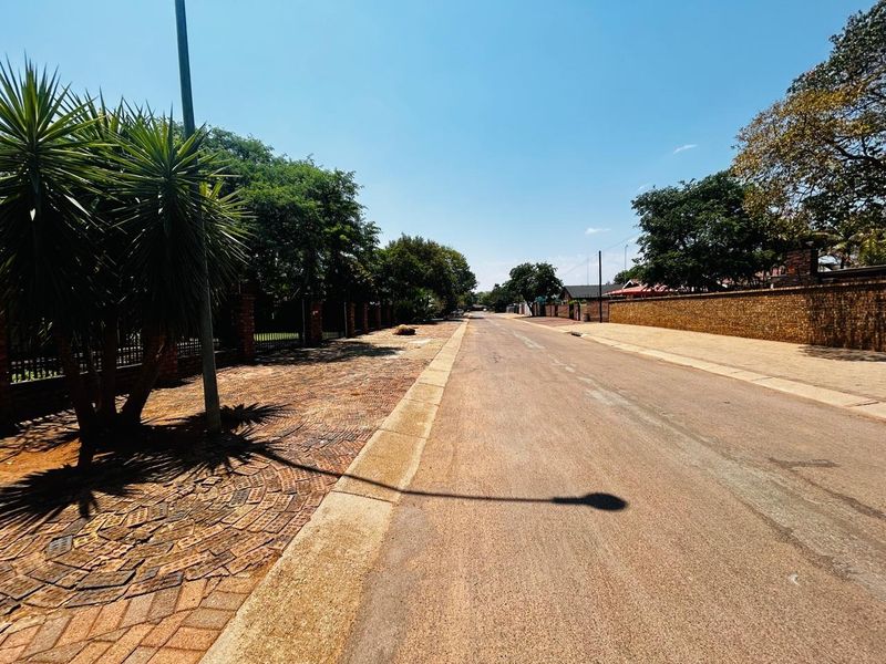 A view of the residential street showing the paved verge, brick boundary wall, and asphalt road surface.