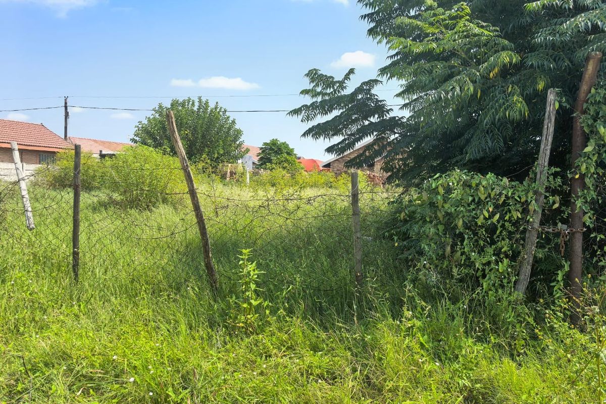 A view of a vacant residential plot featuring overgrown grass, mature trees, and existing wire mesh perimeter fencing.
