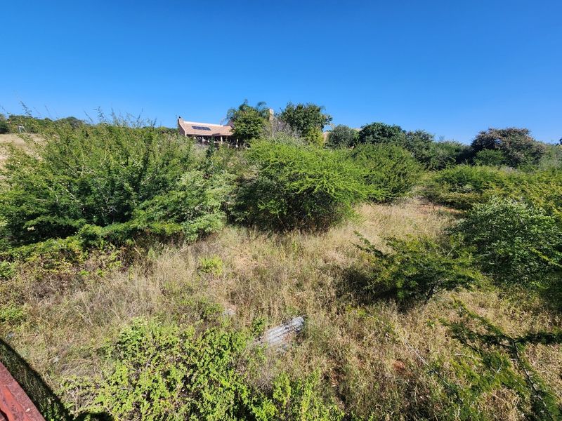 A view of a sloped, undeveloped residential plot featuring natural vegetation and shrubs, with a distant house visible in the background.