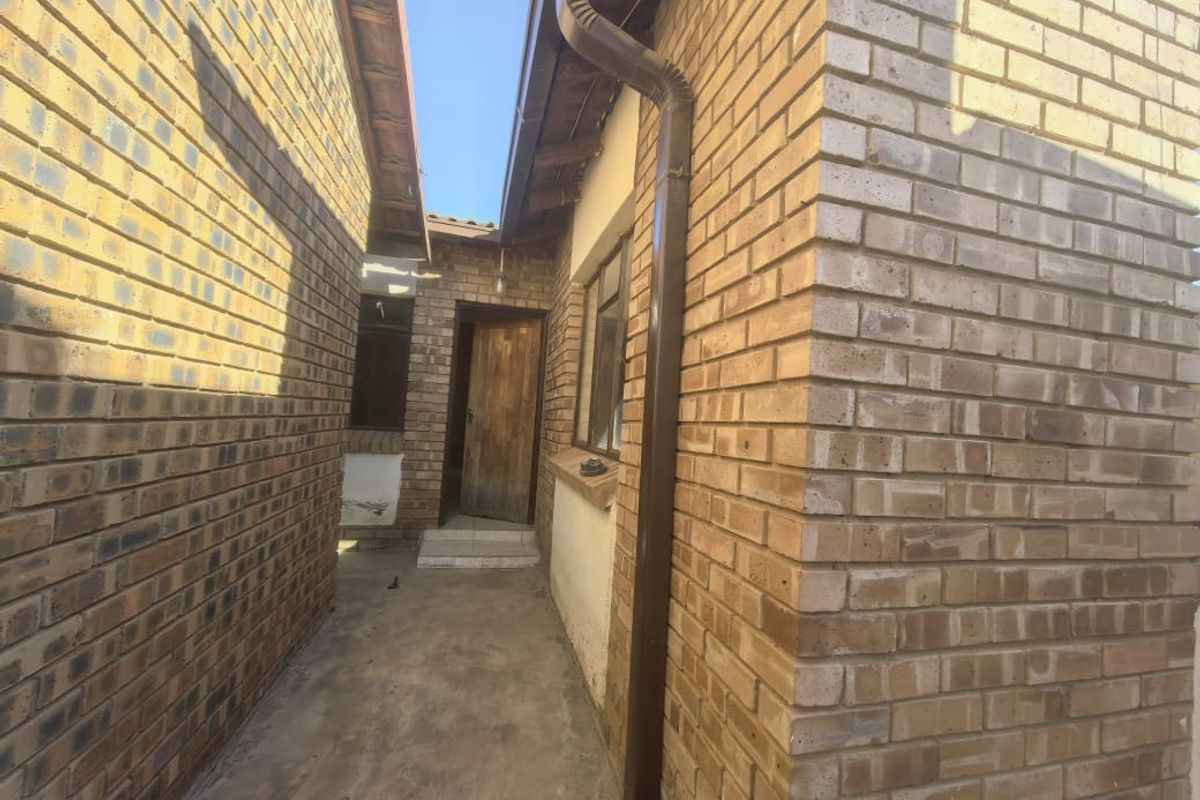 A narrow exterior side passage featuring face brick walls, a functional downpipe, and a concrete walkway leading to a timber entrance door.