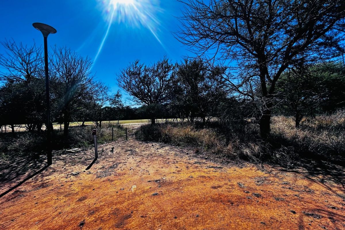 A view of a vacant residential plot featuring natural vegetation, mature trees, and existing utility infrastructure under a clear blue sky.