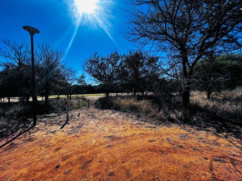 A view of a vacant residential plot featuring natural vegetation, mature trees, and existing utility infrastructure under a clear blue sky.