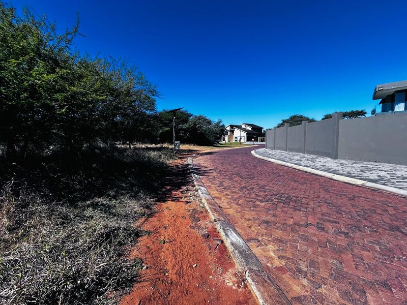 A view of a paved residential street with a concrete boundary wall and established landscaping in a residential estate setting.