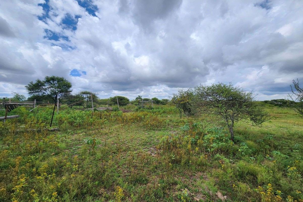 An expansive, undeveloped plot of land featuring natural vegetation, scattered trees, and basic wire perimeter fencing.