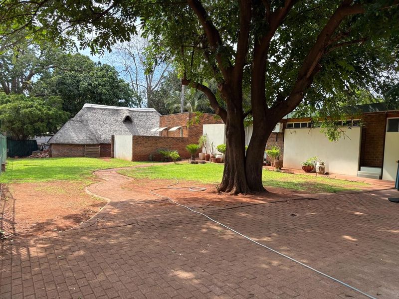 Spacious garden area featuring a paved driveway, mature trees, and a secondary building with a traditional thatched roof.