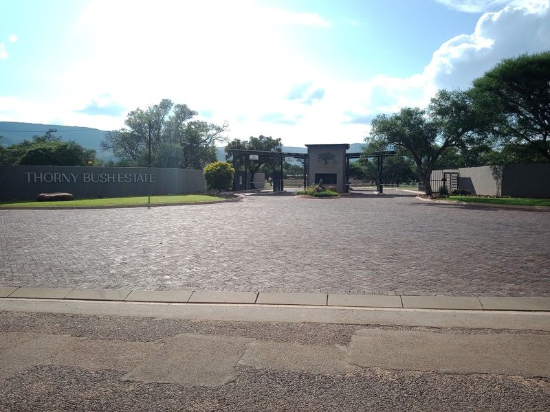 The entrance to Thorny Bush Estate featuring a paved driveway, secure gatehouse, and well-maintained perimeter walls with estate signage.