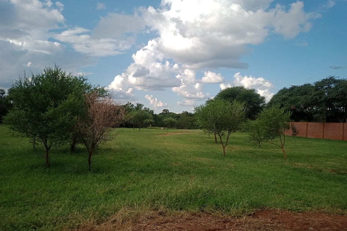 A spacious, well-maintained residential plot featuring established trees, a lush green lawn, and a brick boundary wall.