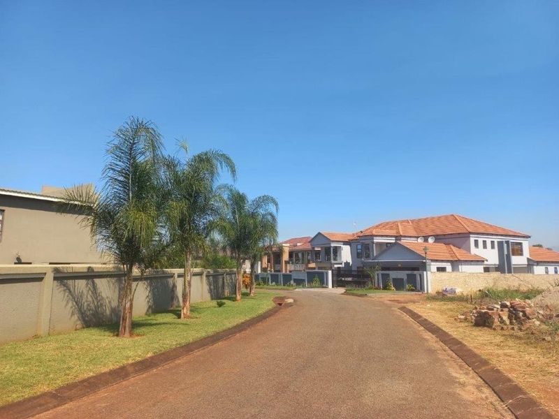 A view of a paved residential street within a secure estate, featuring manicured verges and established perimeter walls.