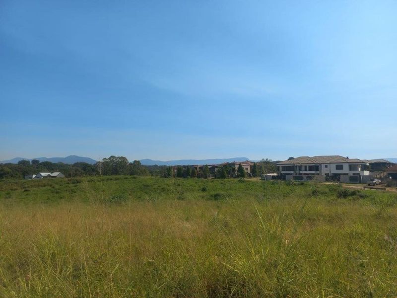 A wide-angle view of a vacant residential plot featuring natural grassland with surrounding neighborhood houses and distant mountain scenery.