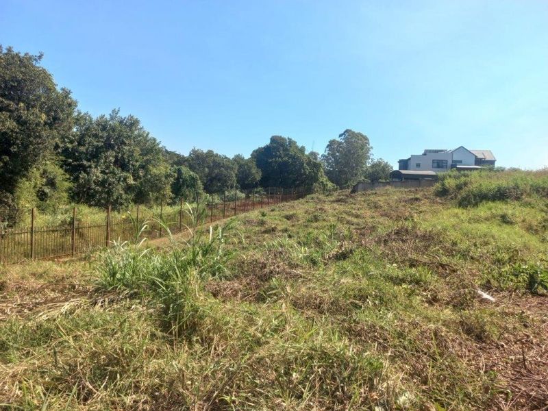 A view of a sloped, undeveloped residential plot featuring natural vegetation and existing metal perimeter fencing.