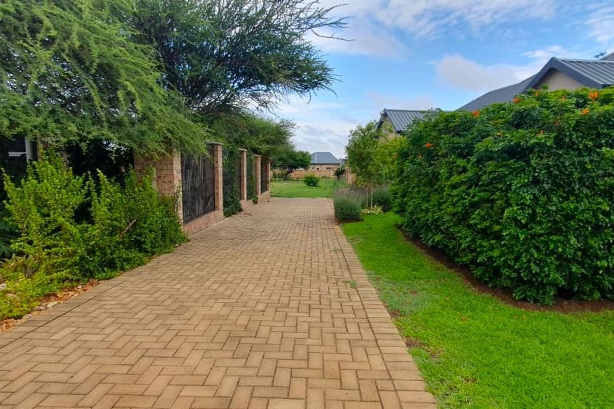A well-maintained garden path featuring brick paving, established hedging, and mature trees, leading through a landscaped residential outdoor area.