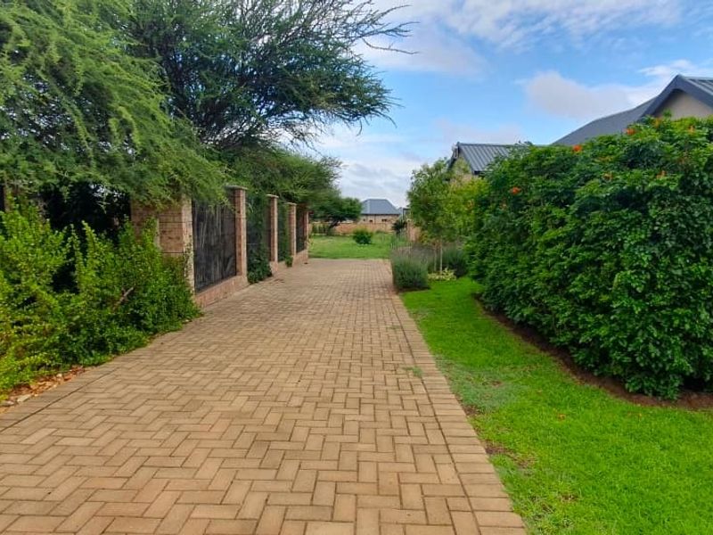 A well-maintained garden path featuring brick paving, established hedging, and mature trees, leading through a landscaped residential outdoor area.