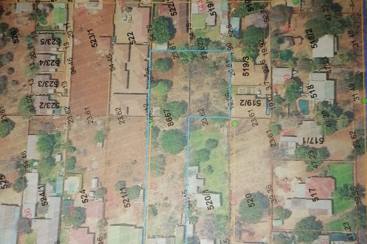 An aerial cadastral map showing property boundaries, erf numbers, and street layouts for the surrounding residential area.