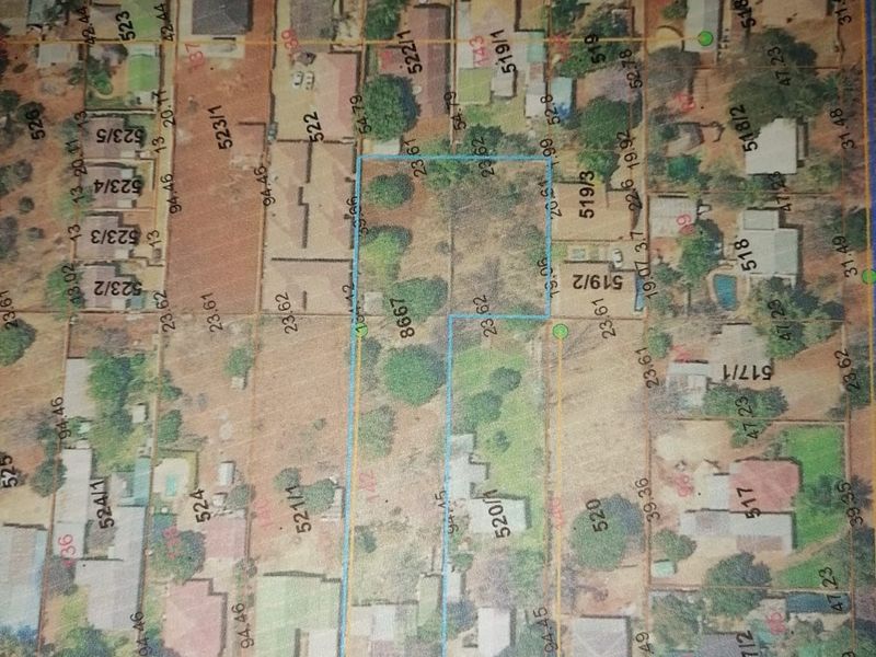 An aerial cadastral map showing property boundaries, erf numbers, and street layouts for the surrounding residential area.