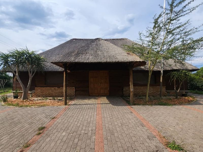 Front elevation of a rustic thatch-roofed dwelling featuring a paved driveway and covered entrance porch.