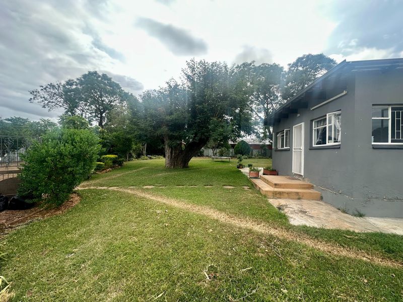 Rear view of the house featuring a spacious lawn, mature trees, and a concrete entrance with a security gate.