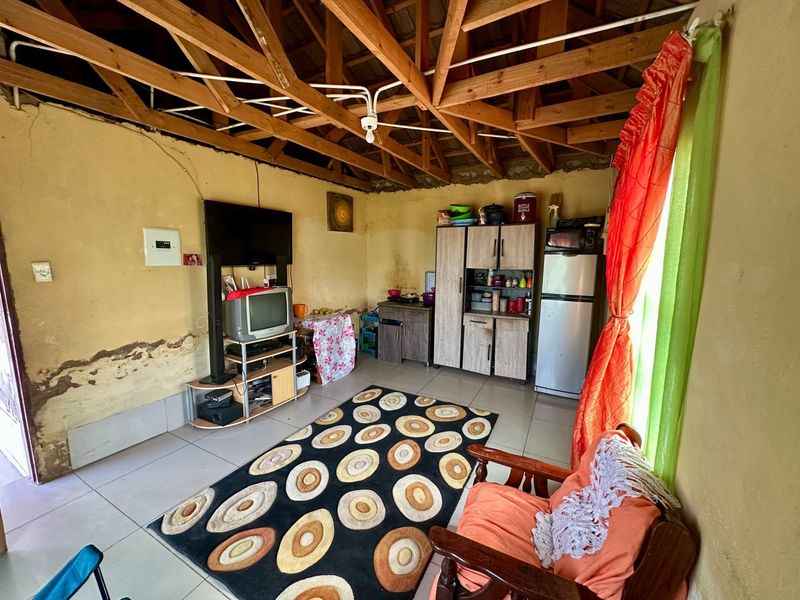 Open-plan living and kitchen area featuring exposed timber roof trusses, tiled flooring, and visible wall maintenance requirements.
