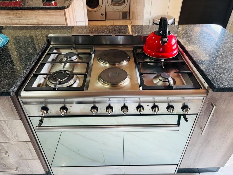 A modern kitchen featuring a high-quality built-in gas and electric combination stove with granite countertops and contemporary cabinetry.