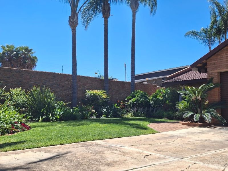 Front exterior view featuring a brick boundary wall, landscaped garden with palm trees, and a concrete driveway leading to a garage.
