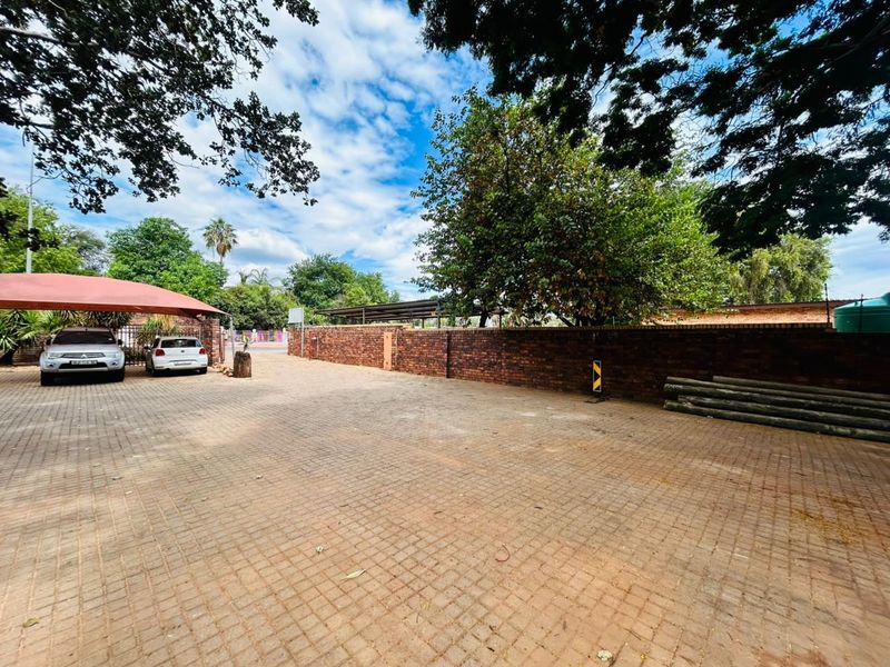Spacious paved driveway area featuring a brick boundary wall, shade cloth carport, and established trees, providing ample off-street parking space.
