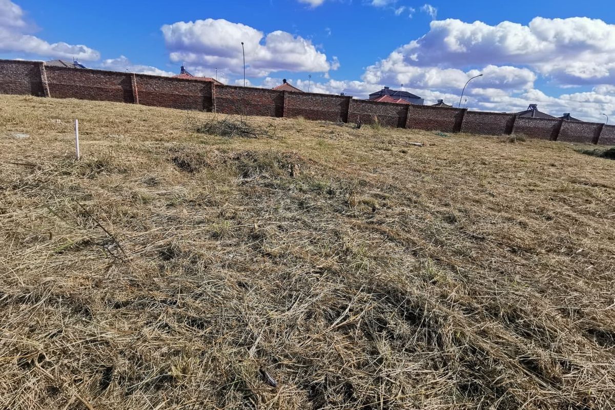 A vacant residential plot featuring dry grass and a solid brick perimeter wall, offering a clear space for future development.