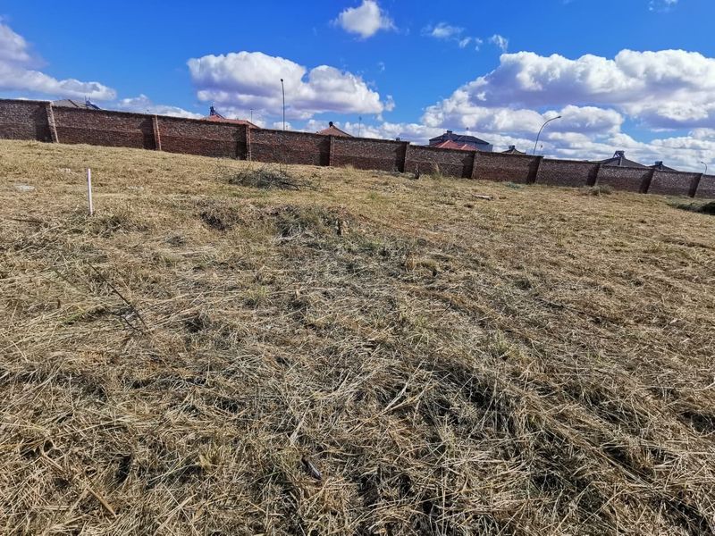 A vacant residential plot featuring dry grass and a solid brick perimeter wall, offering a clear space for future development.