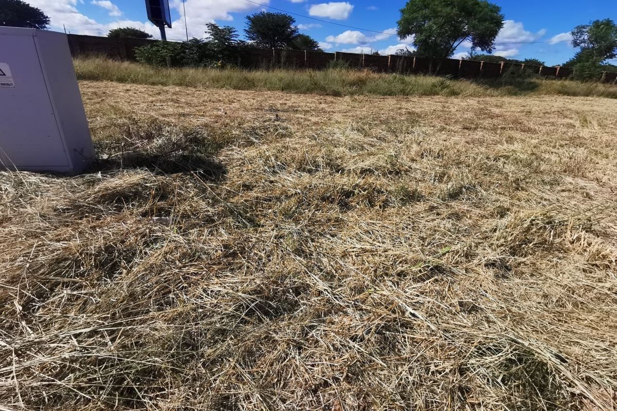 A vacant residential plot featuring dry grass, a perimeter brick wall, and an existing electrical utility box on site.