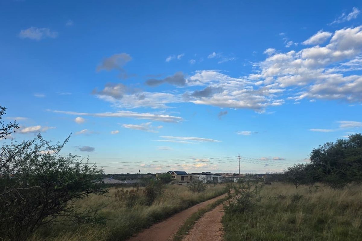 A view of a vacant residential plot featuring a dirt access road and surrounding natural vegetation under a clear blue sky.