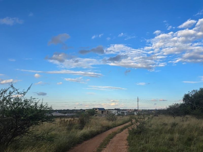 A view of a vacant residential plot featuring a dirt access road and surrounding natural vegetation under a clear blue sky.