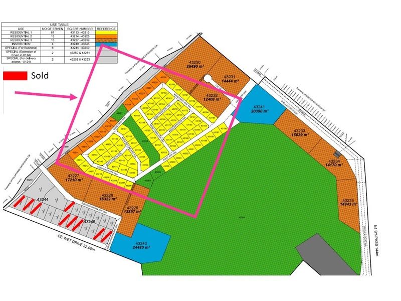 A detailed site layout plan showing the subdivision of residential erven and land parcels within the development area.